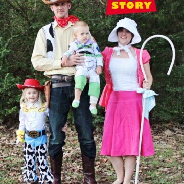 toy story family costumes bo peep, jessie, buzz, and woody