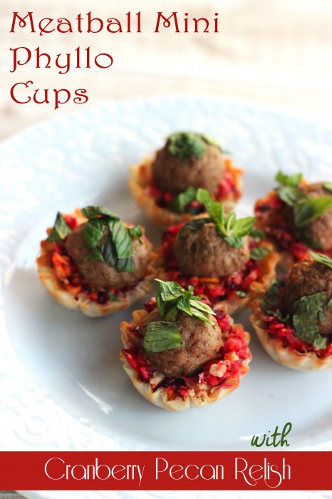 These Meatball Mini Phyllo Cups with Cranberry Pecan Relish are an easy holiday appetizer that look much more involved than they really are.