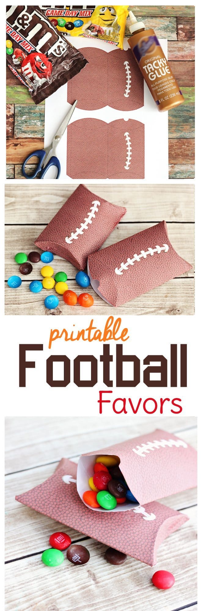 Game day coming up?Need football party food and decorations? Try these free printable pillow boxes with a pigskin texture. They make great little football treat bags for your party guests or serve as a way to divide out portions