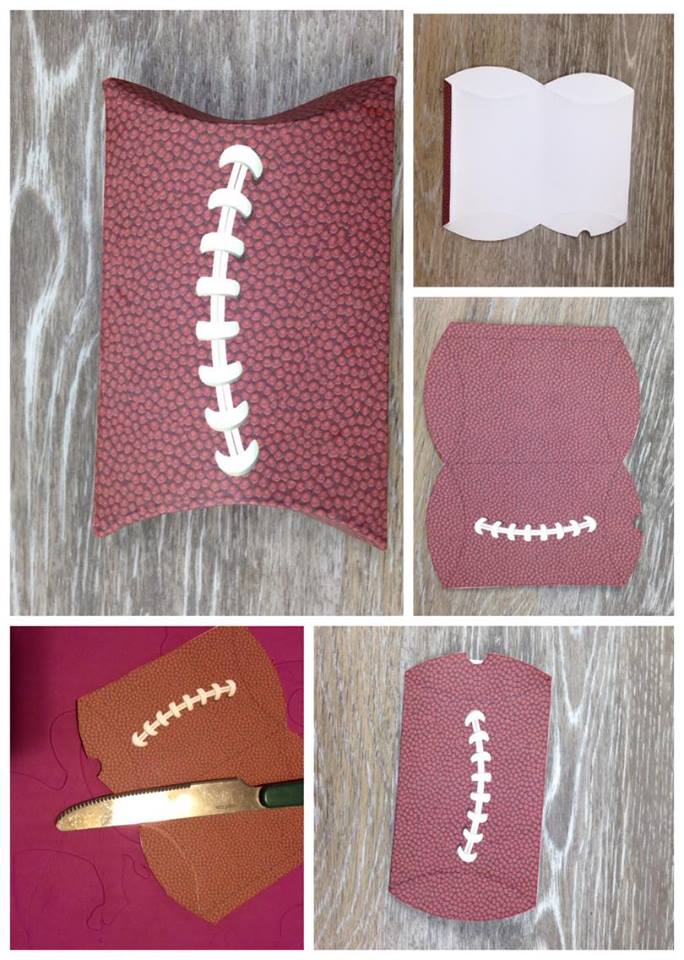 Game day coming up?Need football party food and decorations? Try these free printable pillow boxes with a pigskin texture. They make great little football treat bags for your party guests or serve as a way to divide out portions