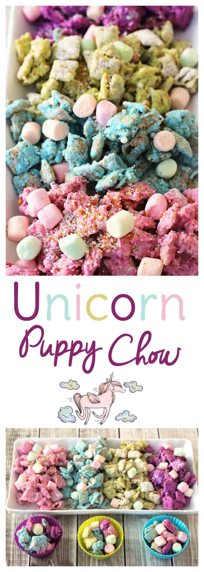 Use blueberry Chex mix and fruity marshmallows to make this delicious unicorn puppy chow (or muddy muddies if you prefer) Perfect for a unicorn birthday party or just a fun gluten free snack for kids.