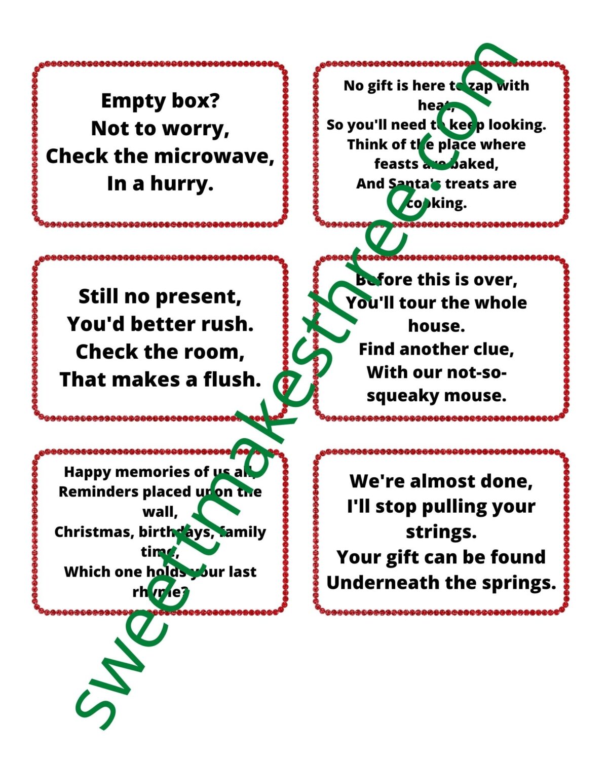 Preview of a printable pdf of rhyming Christmas scavenger hunt clues.