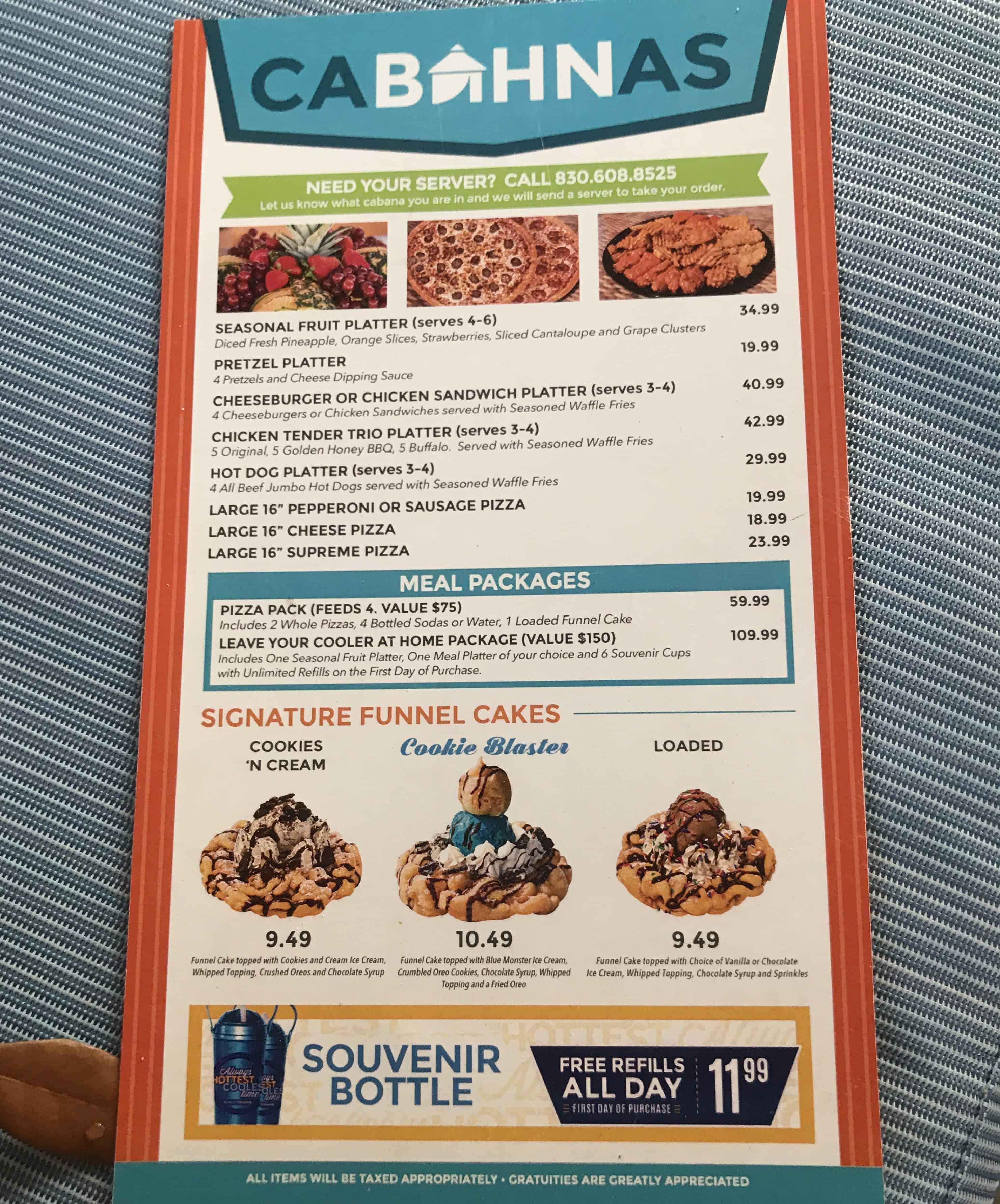 Schlitterbahn cabanas menu