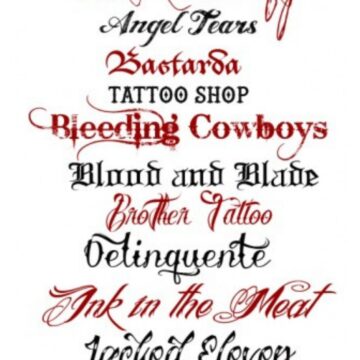 15 free tattoo fonts typed out individually in alternating black and red.