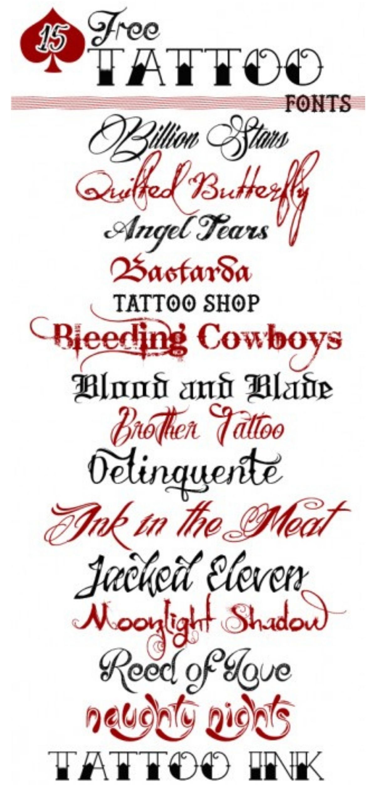 15 free tattoo fonts typed out individually in alternating black and red.