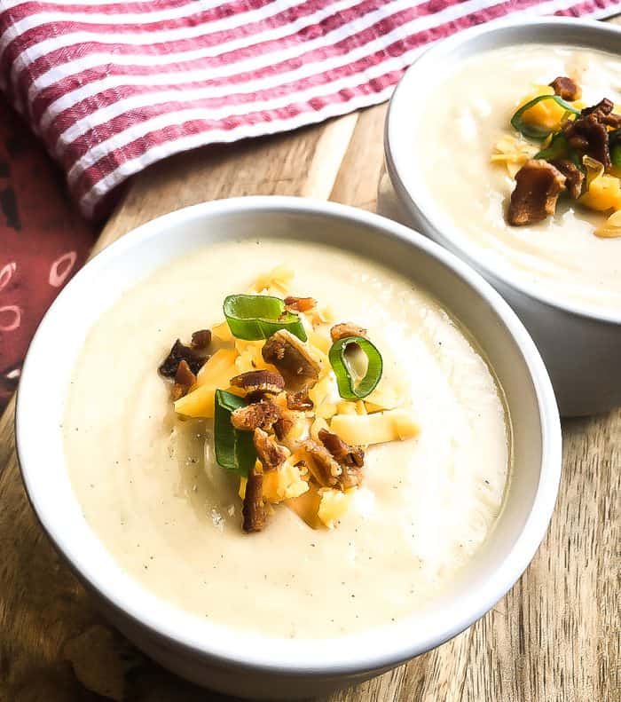 keto instant post cauliflower soup recipe with toppings in a bowl