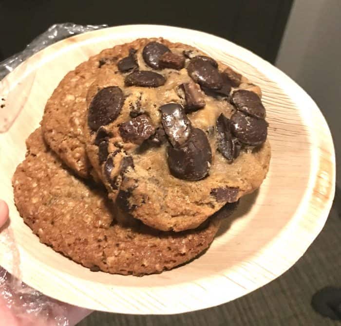 giant chocolate chip cookies on a plate