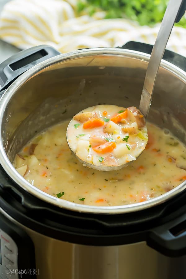 Instant pot soup recipes potato soup being ladeled