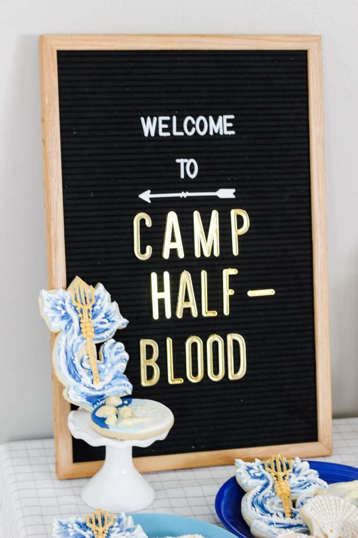 welcome to camp half blood letterboard sign with ocean themed cookies