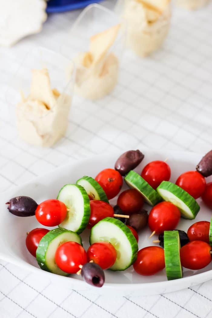 veggie skewers with olives cucumber and tomatoes