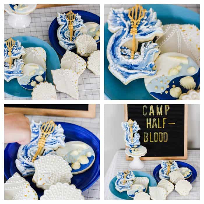 a collage of ocean cookies for a percy jackson birthday party