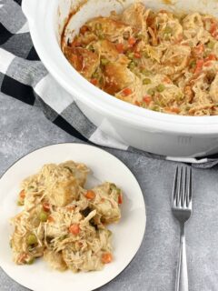 crock pot chicken and dumplings finished recipe in a white crock pot with a single serving displayed on a plate.