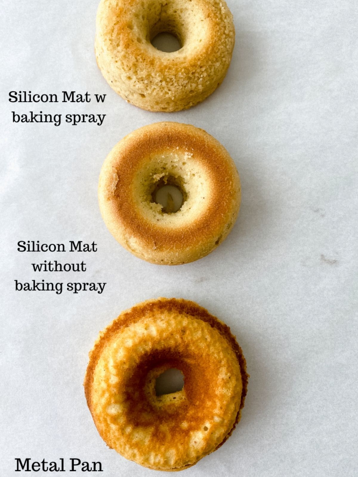 three donuts baked differently. One with a silicone mat with cooking spray, one with no cooking spray, and one baked in a metal pan