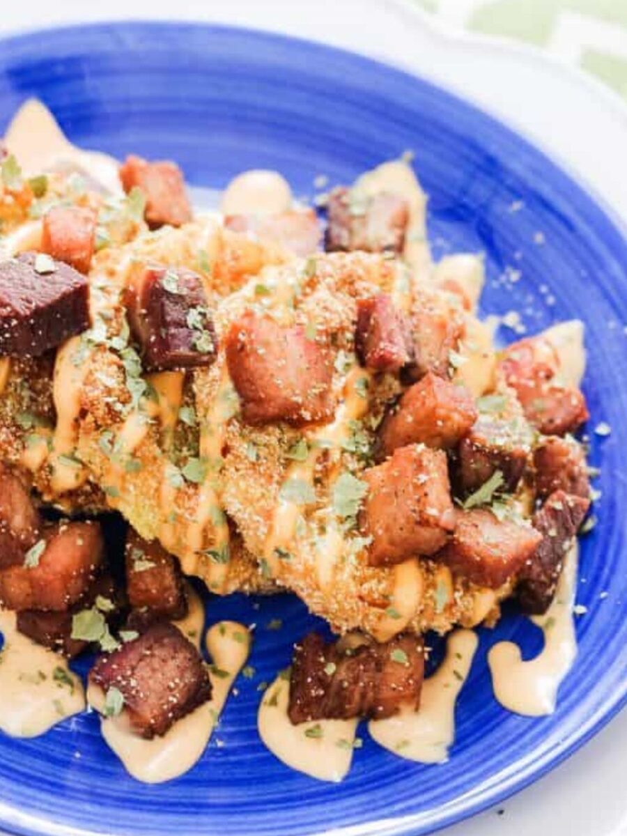 Fried Green Tomatoes with Easy Dipping Sauce & Pork Belly Croutons!