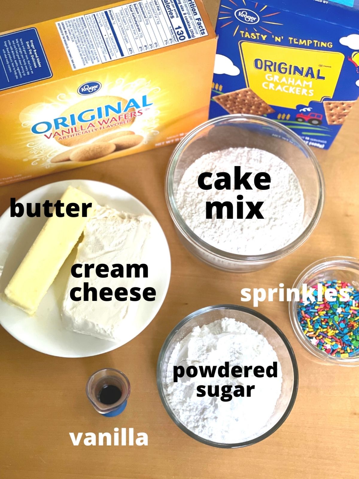 funfetti dip ingredients: butter, cream cheese, cake mix, powdered sugar, and sprinkles.