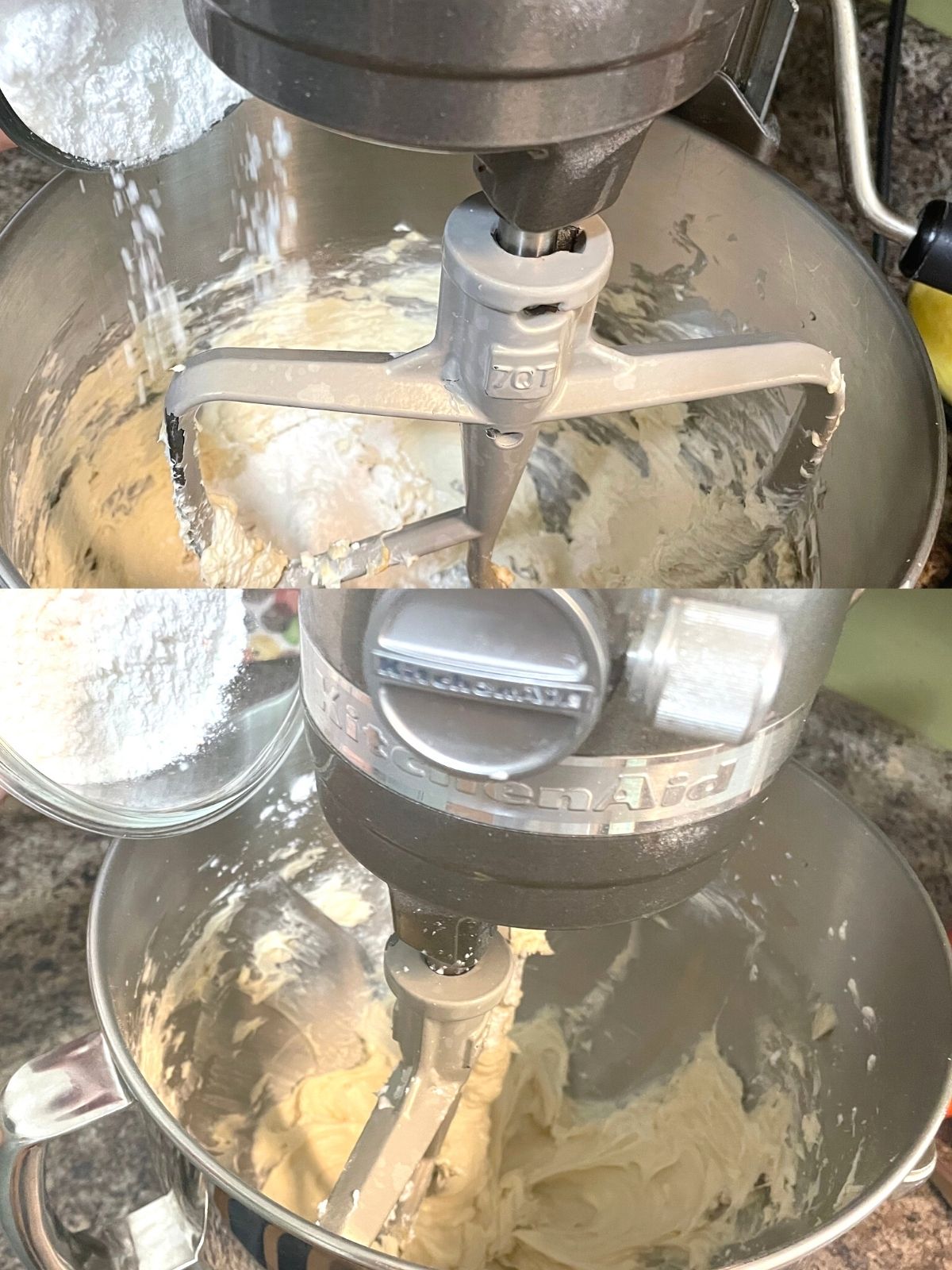 mixing the ingredients for funfetti dip in a kitchenaid stand mixer.