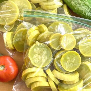 Two bags of prepared yellow squash ready to go into the freezer.