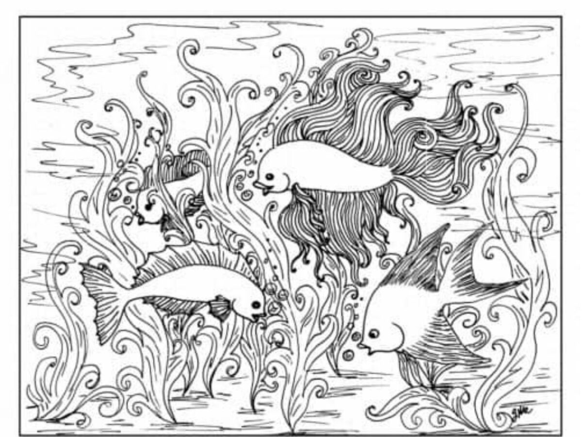 Underwater printable coloring page with three fish.