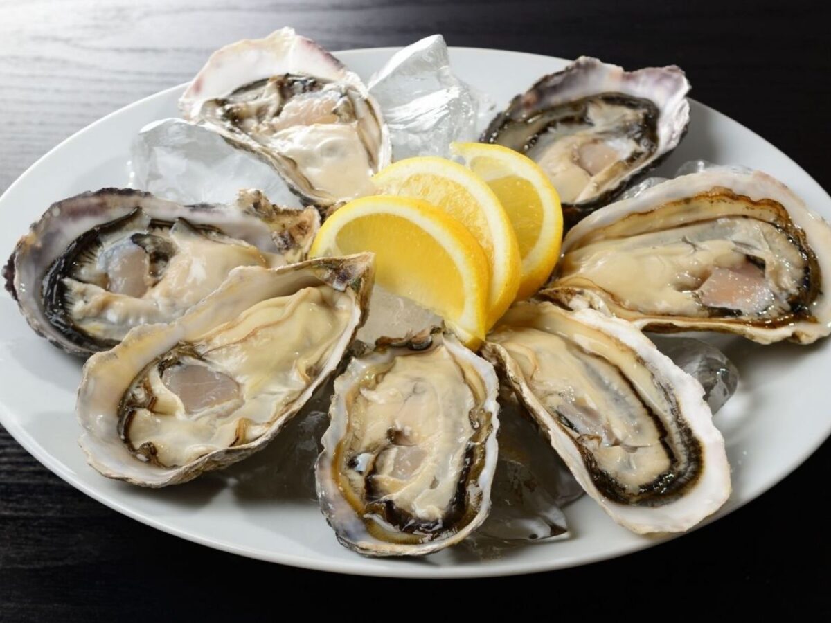 A plate of one half dozen raw oysters on the half shell with lemon slices.