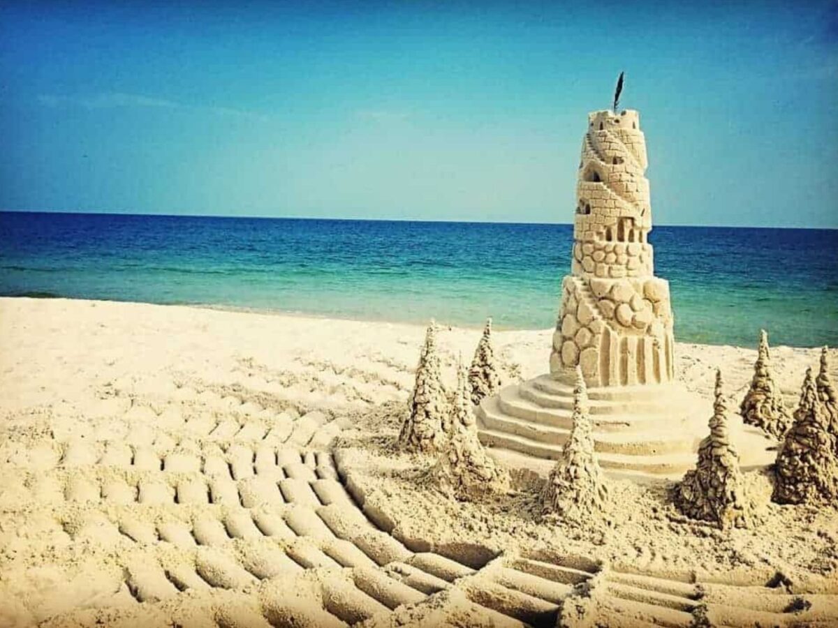 Ornate, elaborate sandcastle made on Orange Beach.