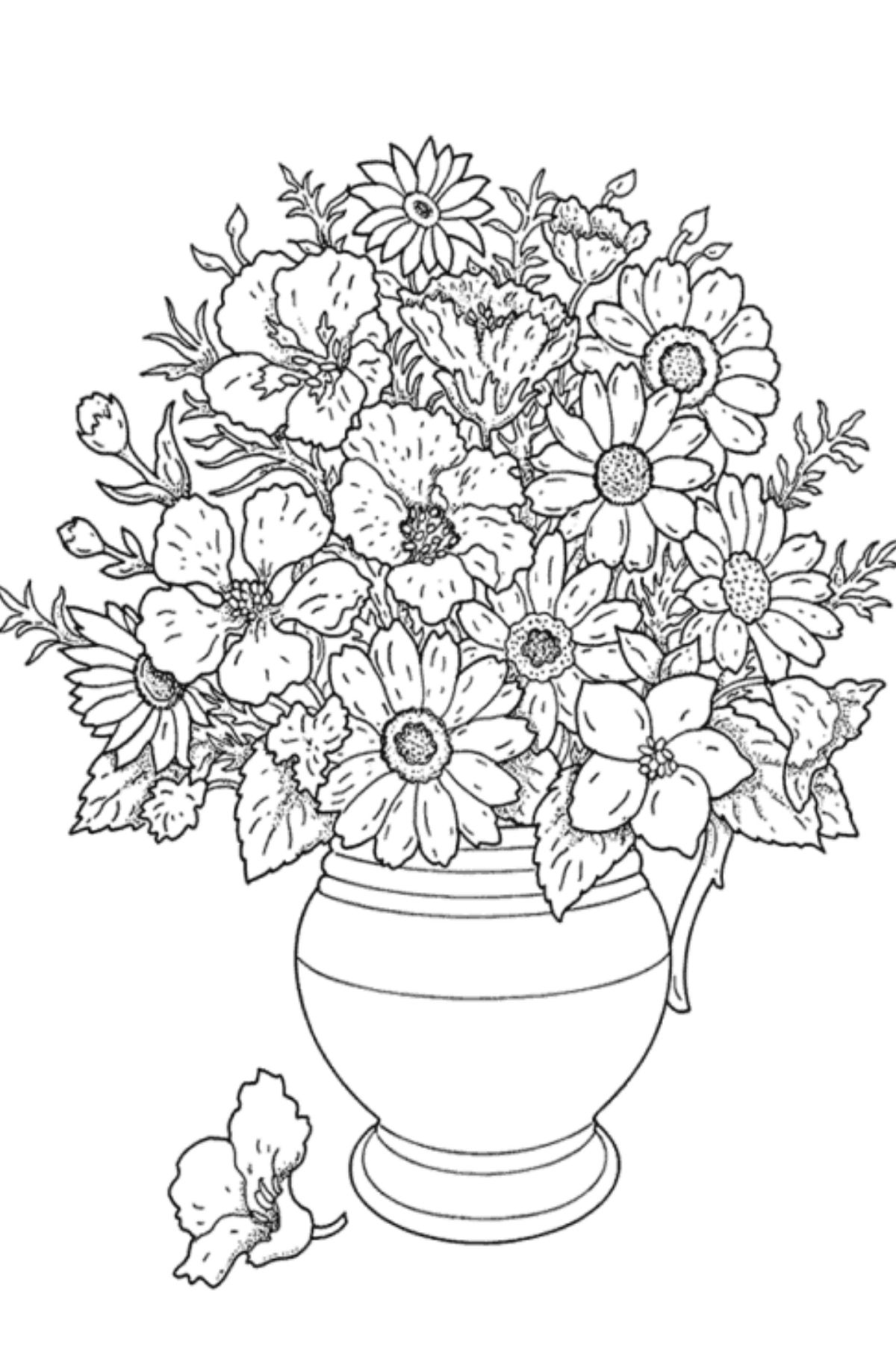 Still life flower vase coloring page for adults.