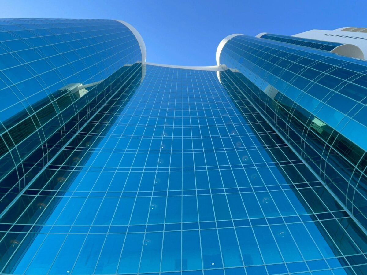 ground angle shot of turquoise place tower d looking up to the top.