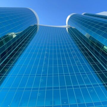 ground angle shot of turquoise place tower d looking up to the top.
