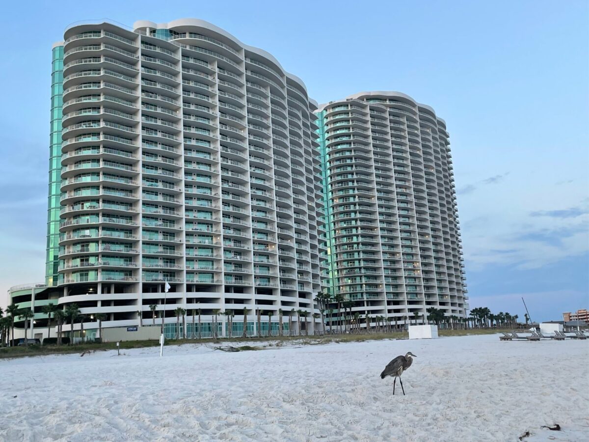 Turquoise Place Orange Beach towers shot from the shoreline.