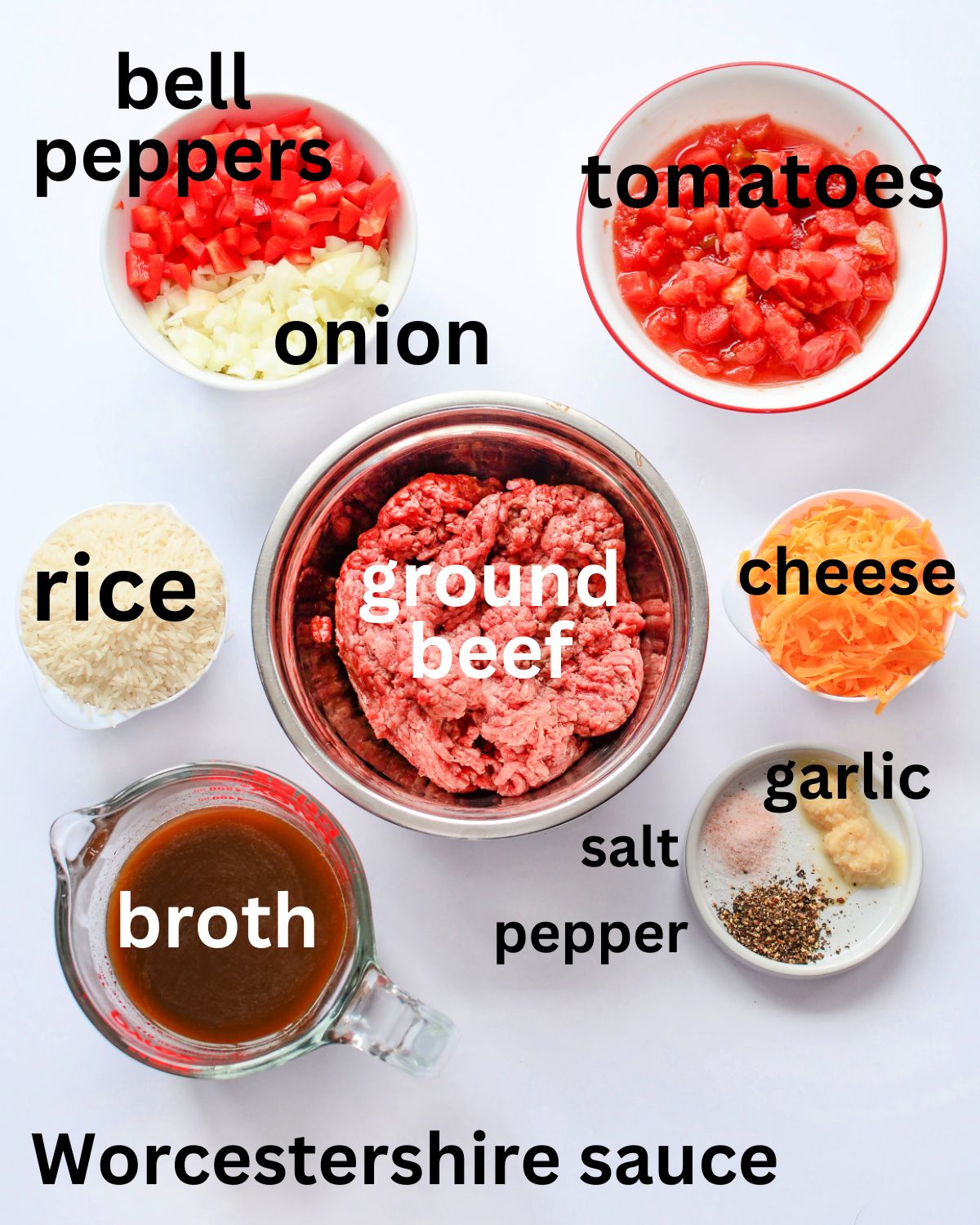 Beef, tomatoes, rice, cheese, seasonings, and beef broth.