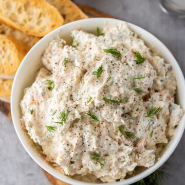 A bowl of smoked salmon dip ready to serve.